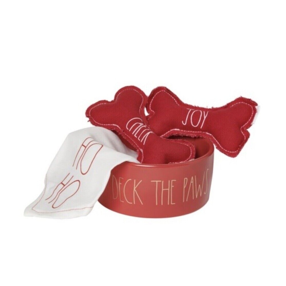 Rae Dunn Deck the Paws 6” Pet Bowl, Bandana and Dog Toys Set